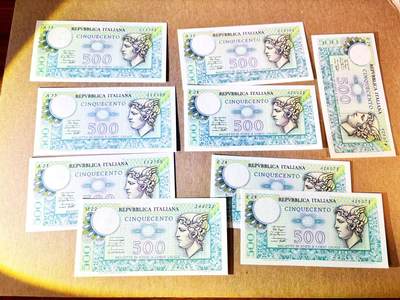 【Blue Auction】世界纸币精拍第796期——18级TOP拍卖/信誉/品质/专业/高效💫 - 【一组9张 含88尾及多张无47】意大利 1979年500里拉 全新UNC
