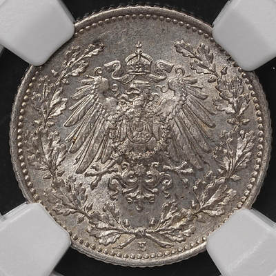修遠堂世界钱币第108期 - NGC MS64 1907年德国1/2马克银币，E厂铭，少见的年份厂铭，仅60万枚铸造量