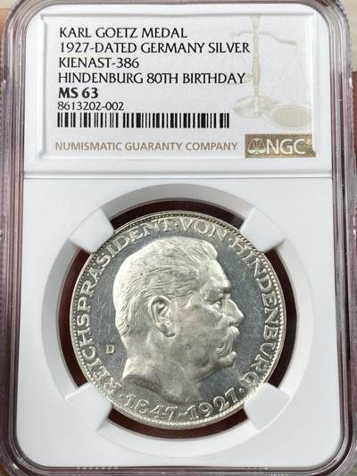 万国钱币拍卖第063期 - NGC MS63 1927年德国魏玛共和国兴登堡总统80大寿5马克币章 卡尔哥茨作品深打银霜感强