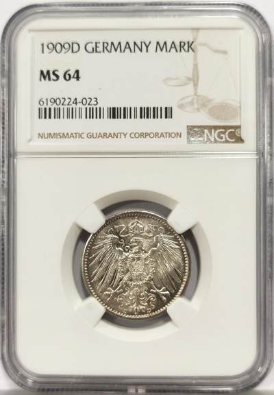 博洋堂世界钱币拍卖第165期（全场包邮） - NGC MS64 德国1909年D版1马克银币