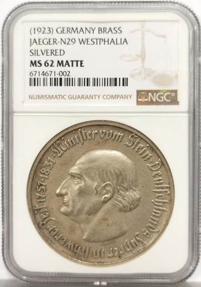 博洋堂世界钱币拍卖第165期（全场包邮） - NGC MS62 1923年德国紧急状态时期威斯特法伦双面人像章，施泰因和许尔斯霍夫人像，威斯特伐利亚五币筋之一，稀少