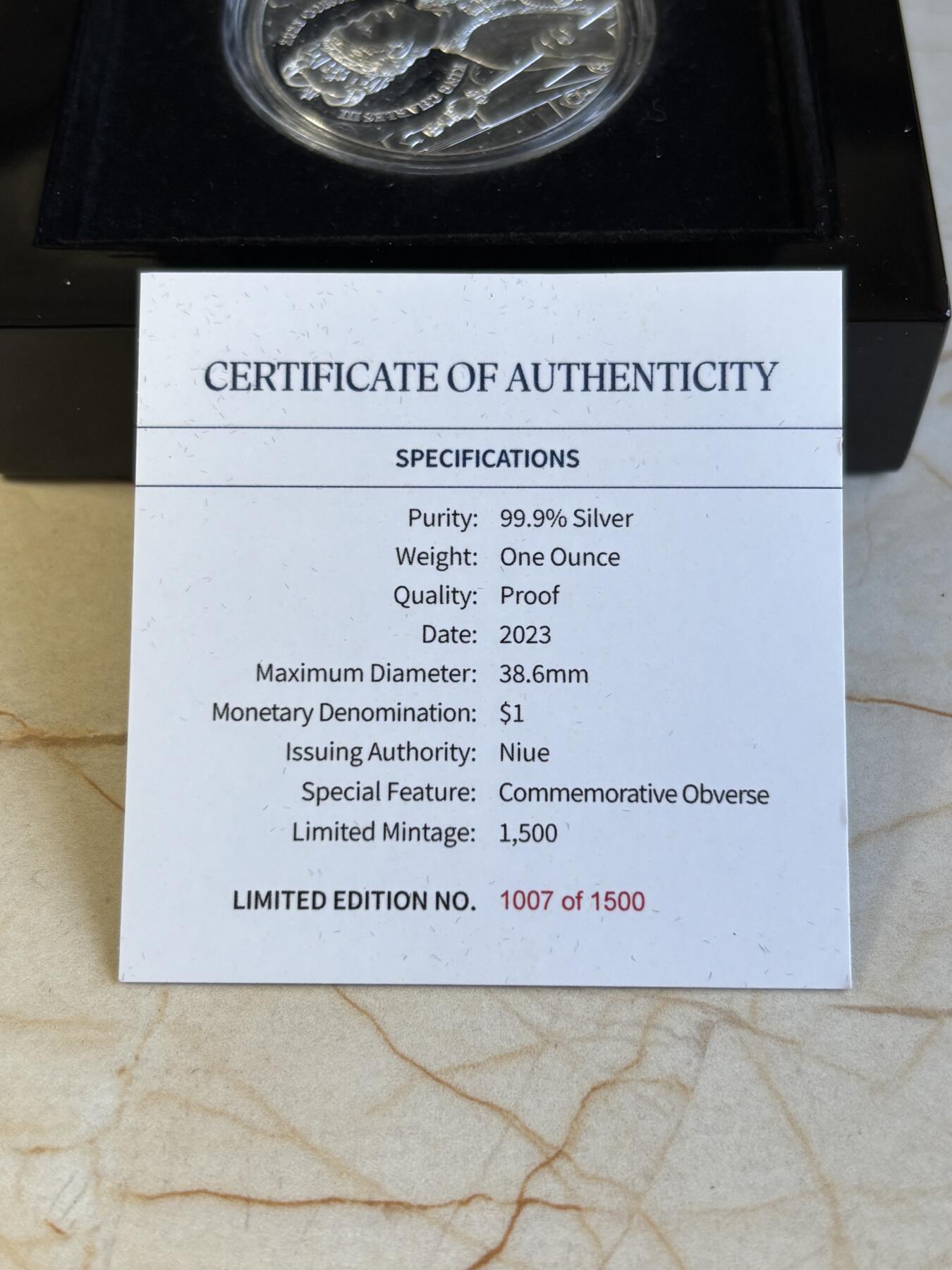 第194期拍卖 纽埃2023年查尔斯三世加冕礼1盎司精制纪念银币，999银，发行1500枚