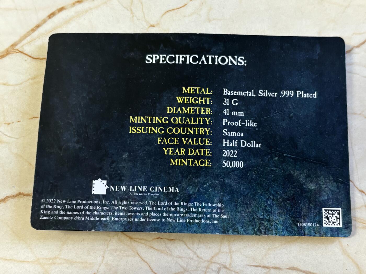 第194期拍卖 卡装萨摩亚2022年指环王24K镀金镀银纪念币