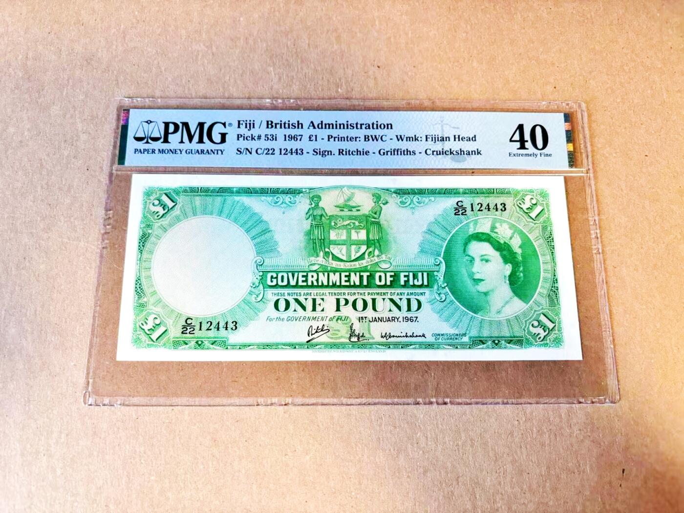 【Blue Auction】世界纸币精拍第796期——18级TOP拍卖/信誉/品质/专业/高效💫 斐济 1967年1镑 BWC出品 大冠女王 PMG40