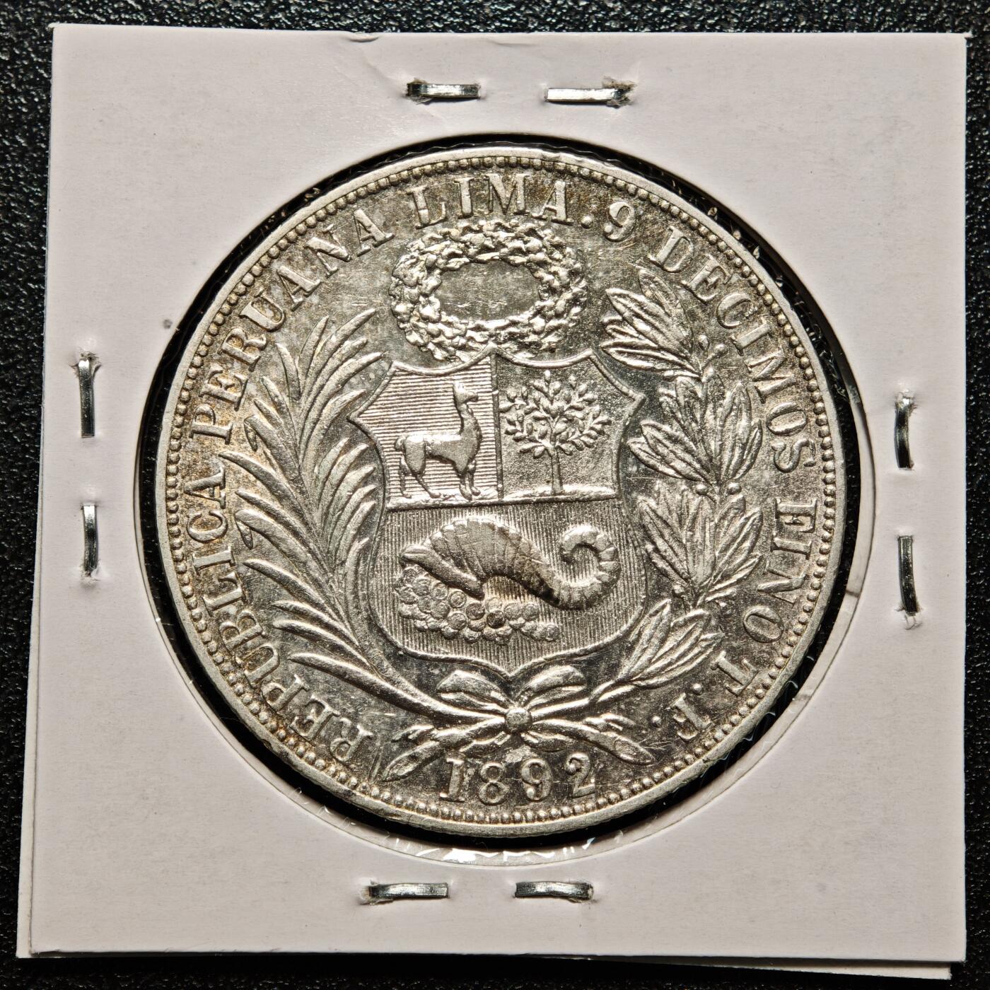 【德藏】世界币章拍卖第168期（拍品征集中~欢迎藏友联系） 老藏家集藏系列之- 1892年 秘鲁1索尔银币 900银 重约：25g 入册20余年·附有当年购入价