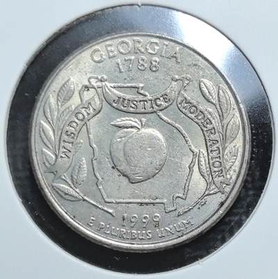外国优质老铜币银币苏联纪念章，每周六晚九点倒数截拍，满百包邮可寄存，持续收拍 - 美国佐治亚州纪念币，正面为华盛顿头像，背面以桃子、州界与 “智慧、公正、节制” 格言，纪念佐治亚州加入联邦 211 周年，是美国州币系列的代表