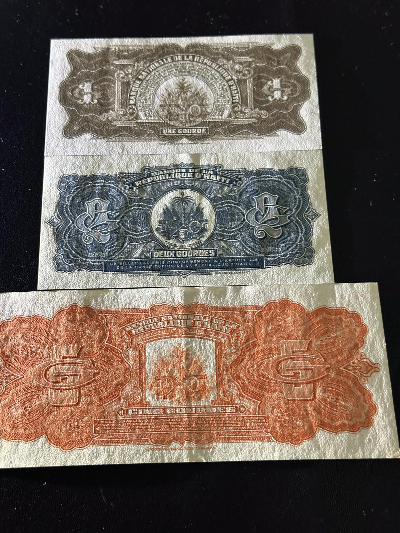 《外钞收藏家》第六百一十九期（精品场）（长期征集拍品、欢迎藏友们联系合作） 海地1、2、5古德 1和2基本全新 5AU品相