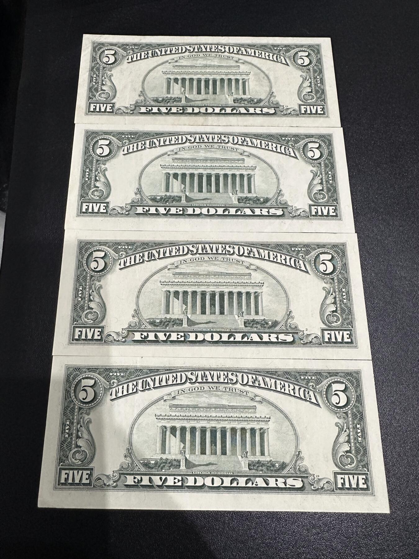 《外钞收藏家》第六百一十九期（精品场）（长期征集拍品、欢迎藏友们联系合作） 199几年美国小头版5美元 4张 非全新 品相如图