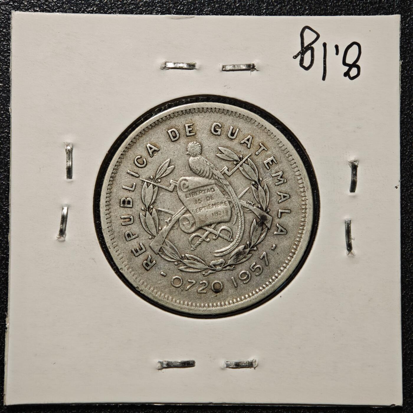 【德藏】世界币章拍卖第168期（拍品征集中~欢迎藏友联系） 老藏家集藏系列之- 1957年 危地马拉25分银币 720银 直径约：27mm；重约：8.3g 入册20余年·附有当年购入价