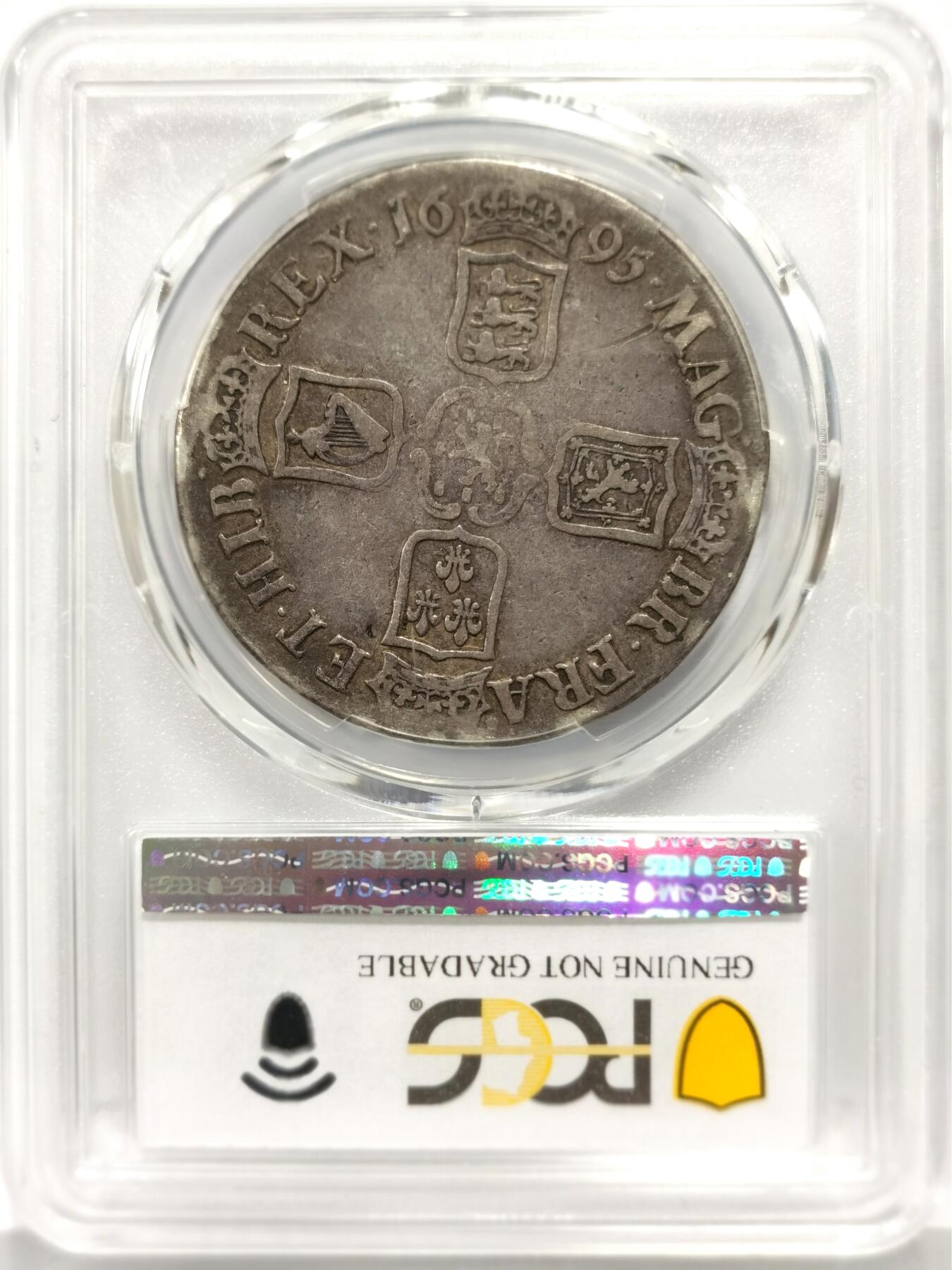 博洋堂世界钱币拍卖第165期（全场包邮） PCGS VF 英国1695年威廉三世1克朗大银币，300多年的大银，细节包浆不错