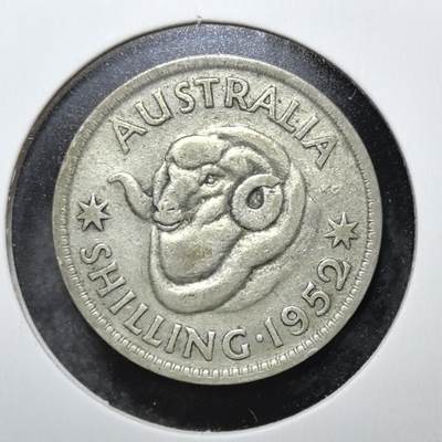 外国优质老铜币银币苏联纪念章，每周六晚九点倒数截拍，满百包邮可寄存，持续收拍 - 澳大利亚1952年1先令银币。正面为乔治六世头像，背面是象征澳洲牧业的美利奴羊，见证英联邦货币体系，1966 年被十进制货币取代。