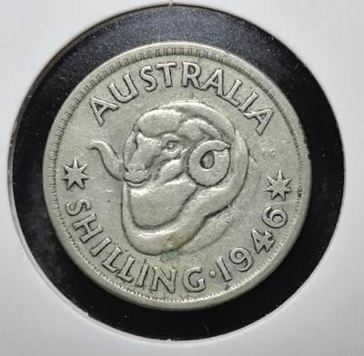 外国优质老铜币银币苏联纪念章，每周六晚九点倒数截拍，满百包邮可寄存，持续收拍 - 澳大利亚1946年1先令银币。正面为乔治六世头像，背面是象征澳洲牧业的美利奴羊，见证英联邦货币体系，1966 年被十进制货币取代。