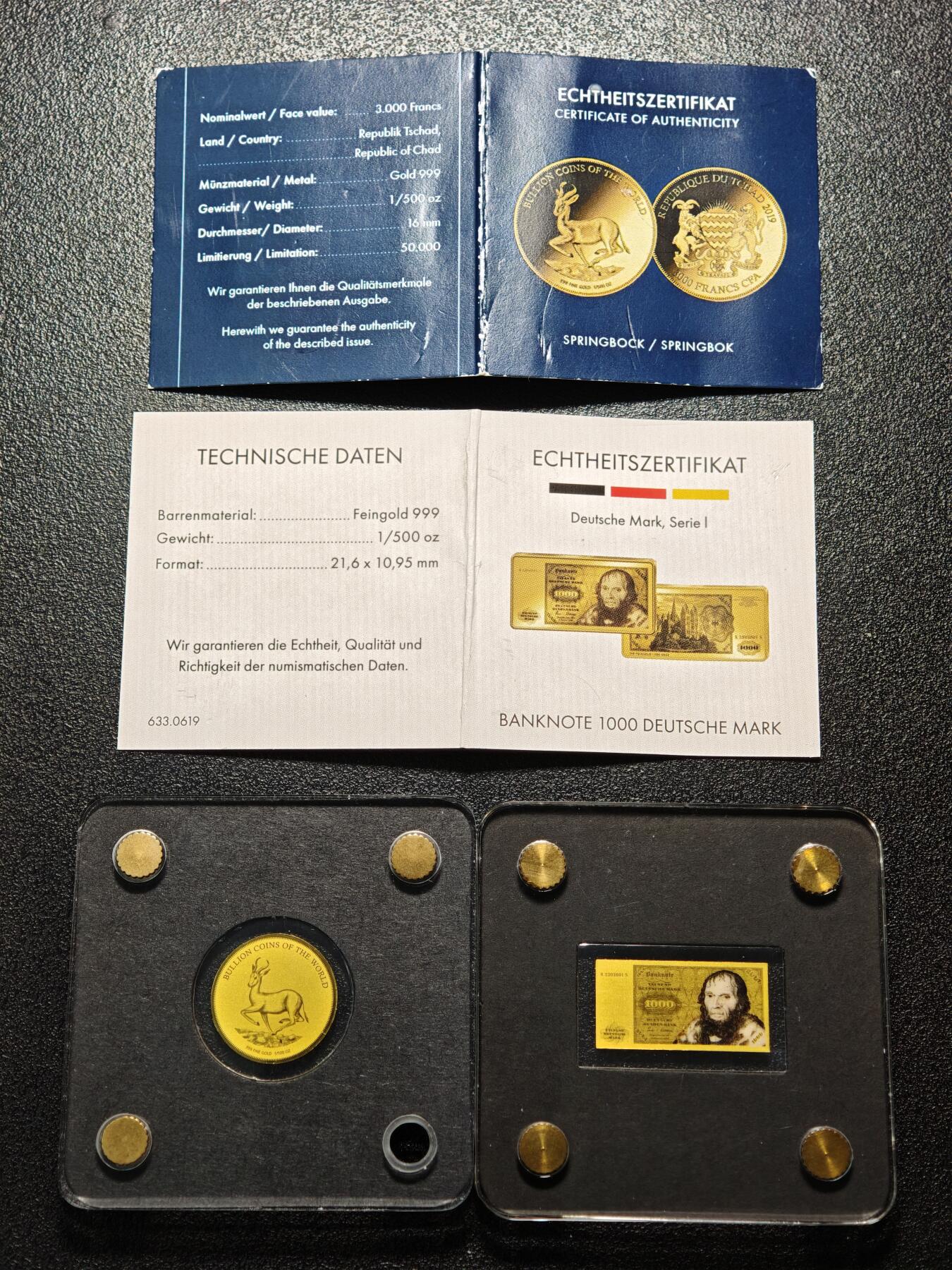 【德藏】世界币章拍卖第168期（拍品征集中~欢迎藏友联系） 1000德国马克微型金钞 1/500盎司 999金 及 乍得跳羚微型金币 1/500盎司 999金