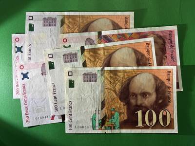 咖啡豆•收藏 2026年Mar_24th世界各国纸币拍卖 - 6枚 法国 100&200法郎 美品XF-AU 外国 欧洲纸币