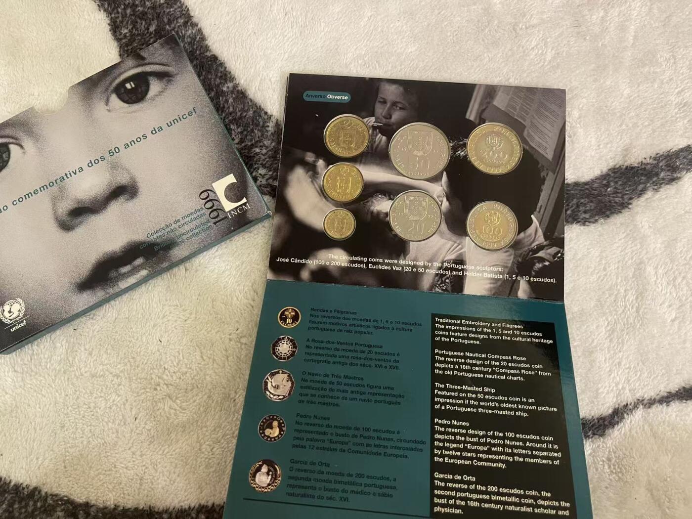 ❤️【币观天下】❤️ 第345期钱币拍卖场- 2026.3.20周五晚上6点半场 长期征集拍品  葡萄牙1999年联合国儿童基金会成立纪念官方套册 含两枚双色高值纪念币 品相如图