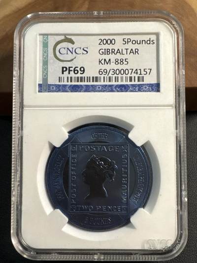 ❤️【币观天下】❤️ 第345期钱币拍卖场- 2026.3.20周五晚上6点半场 长期征集拍品  - 2000年直布罗陀（英）5镑蓝钛币 统一便士邮政160周年纪念 10克纯钛 发行量：1万5千 CNCS PF69
