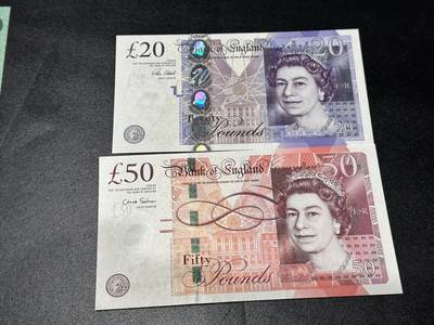 《外钞收藏家》第六百一十九期（精品场）（长期征集拍品、欢迎藏友们联系合作） - 英国F序列20和50镑 2张一起 20镑UNC- 50镑全新