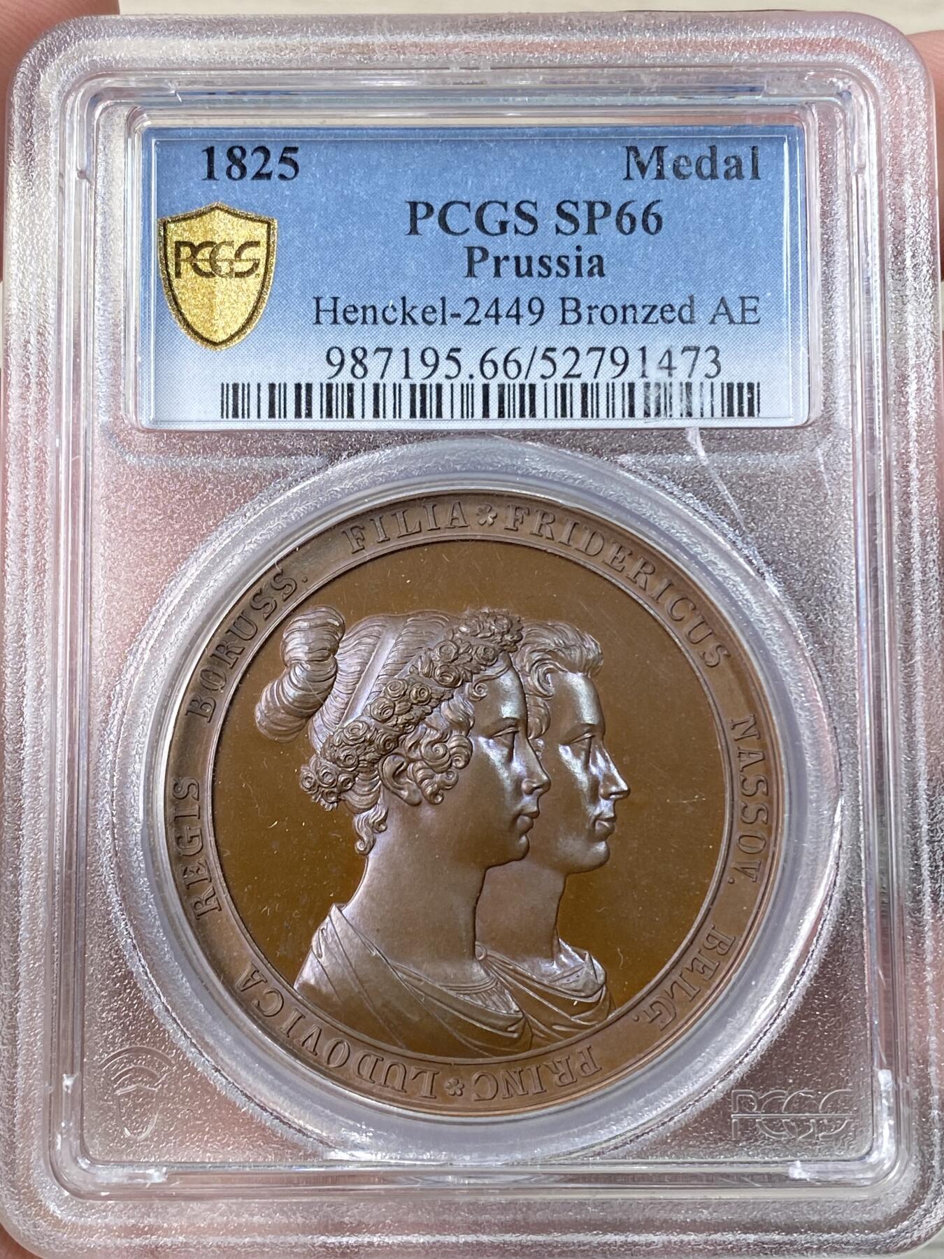 万国钱币拍卖第063期 PCGS SP66 1825年德国普鲁士威廉三世时期路易斯·奥古斯塔公主与荷兰费里德里希王子大婚纪念大铜章 G·LOOS·D大师作品 超美红铜光顶级GEM典藏品质（盒子有裂）