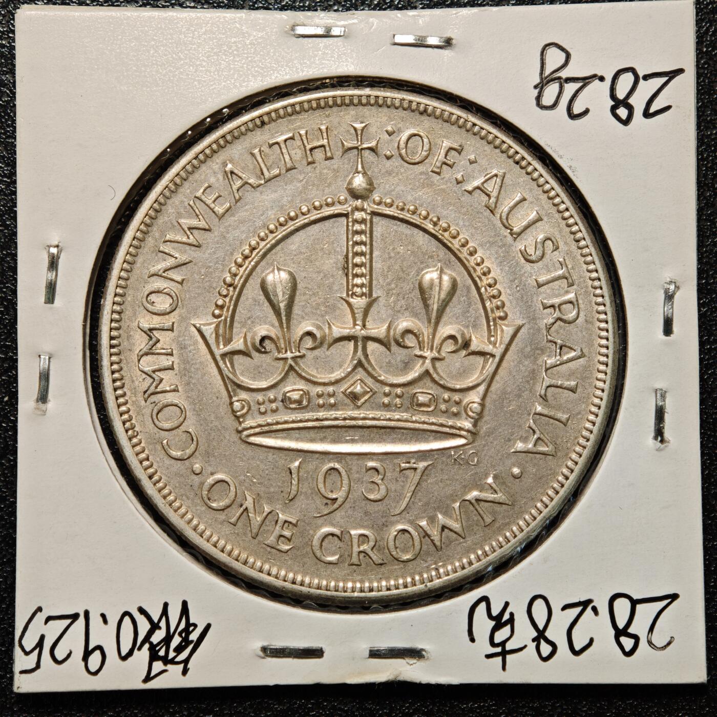 【德藏】世界币章拍卖第168期（拍品征集中~欢迎藏友联系） 老藏家集藏系列之- 1937年 澳大利亚1克朗银币 925银 直径约：38mm；重约：28.2g 入册20余年·附有当年购入价
