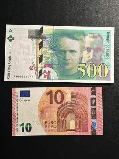 丙午马年三月第三场 。本期更新了伊朗全同 - 【一组两张尾88！】1994年法国500法郎居里夫人，品相unc-au，末代法郎，长号无47难得！欧元四代签名，同样尾88！