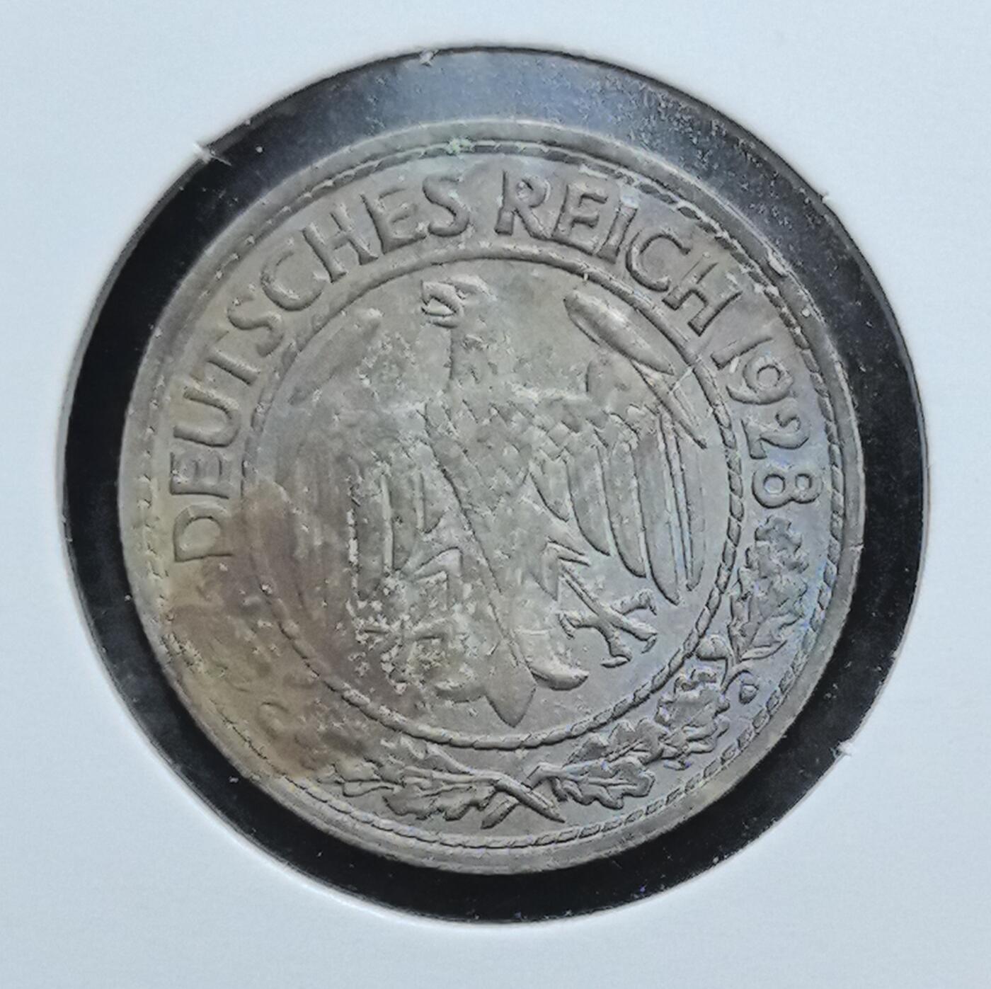 外国优质老铜币银币苏联纪念章，每周六晚九点倒数截拍，满百包邮可寄存，持续收拍 德意志魏玛共和国1928年50 帝国芬尼A版，属战后经济稳定期流通币，由柏林造币厂铸造，1940 年停用，是见证德国货币转型的历史遗存。