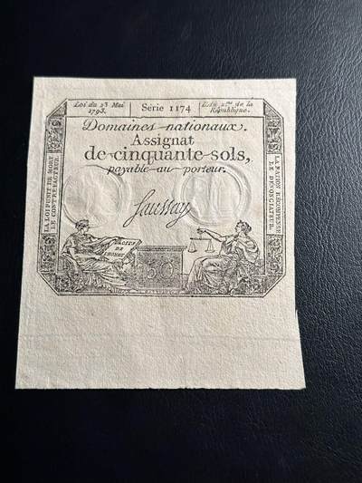 丙午马年三月第三场 。本期更新了伊朗全同 - 百年老钞法国50苏1793年，品相AUNC，带边框少见！