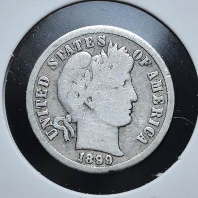 外国优质老铜币银币苏联纪念章，每周六晚九点倒数截拍，满百包邮可寄存，持续收拍 - 美国巴伯1899年10分银币。正面为自由女神头像，背面为橄榄枝与面值，是美国 19 世纪末经典流通辅币，见证其早期货币体系的稳定发展。