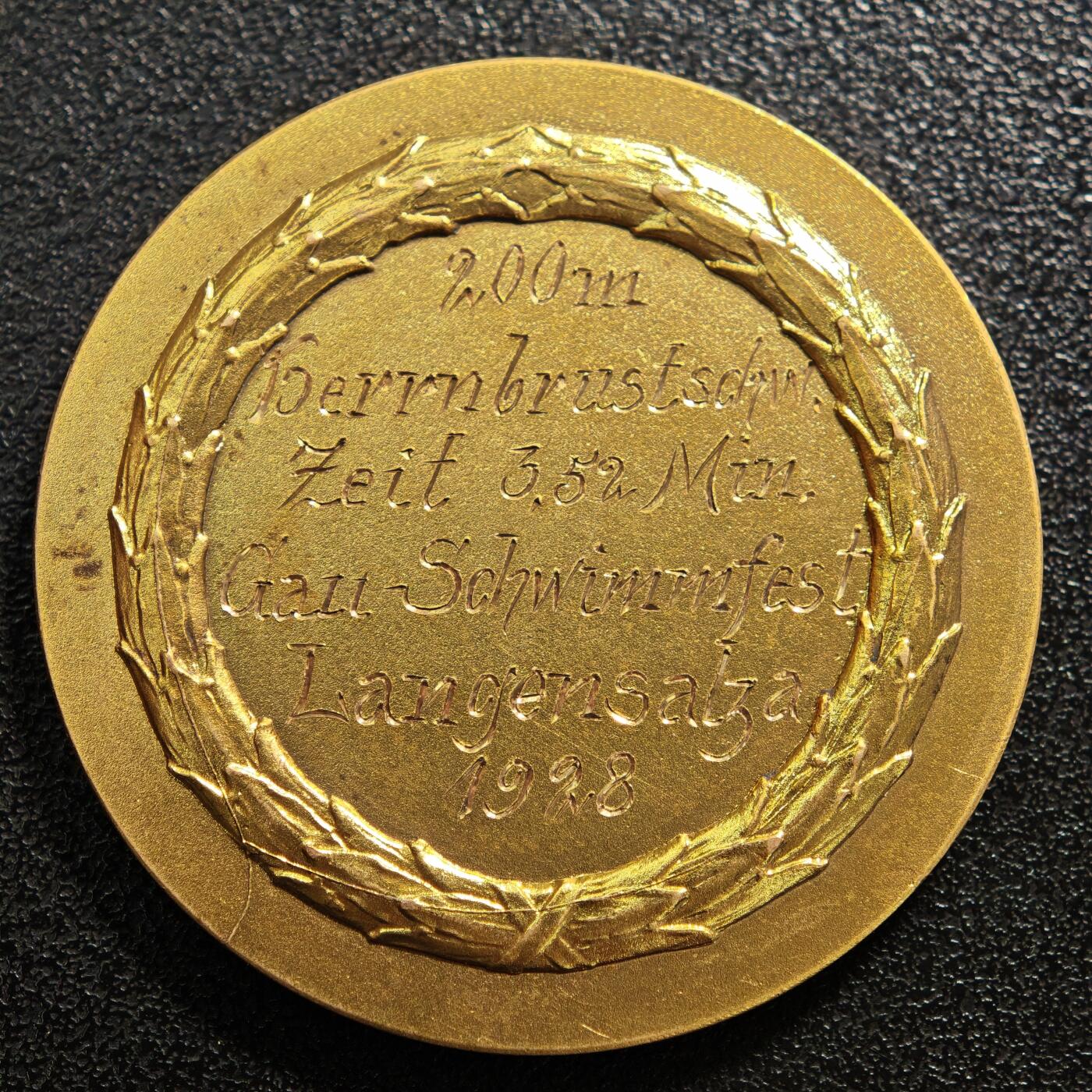 【德藏】世界币章拍卖第168期（拍品征集中~欢迎藏友联系） 1928年 德国朗根萨尔察地区游泳节男子200米蛙泳冠军镀金奖章纪念铜章 直径约：39mm；重约：25.6g