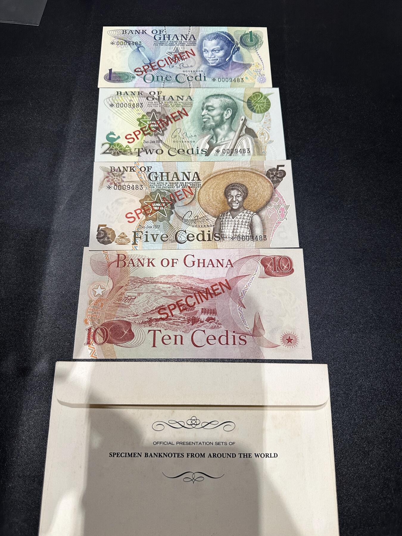 《外钞收藏家》第六百一十九期（精品场）（长期征集拍品、欢迎藏友们联系合作） 加纳政府官方发行 1-10面额 样钞 四张一起 全新带封套