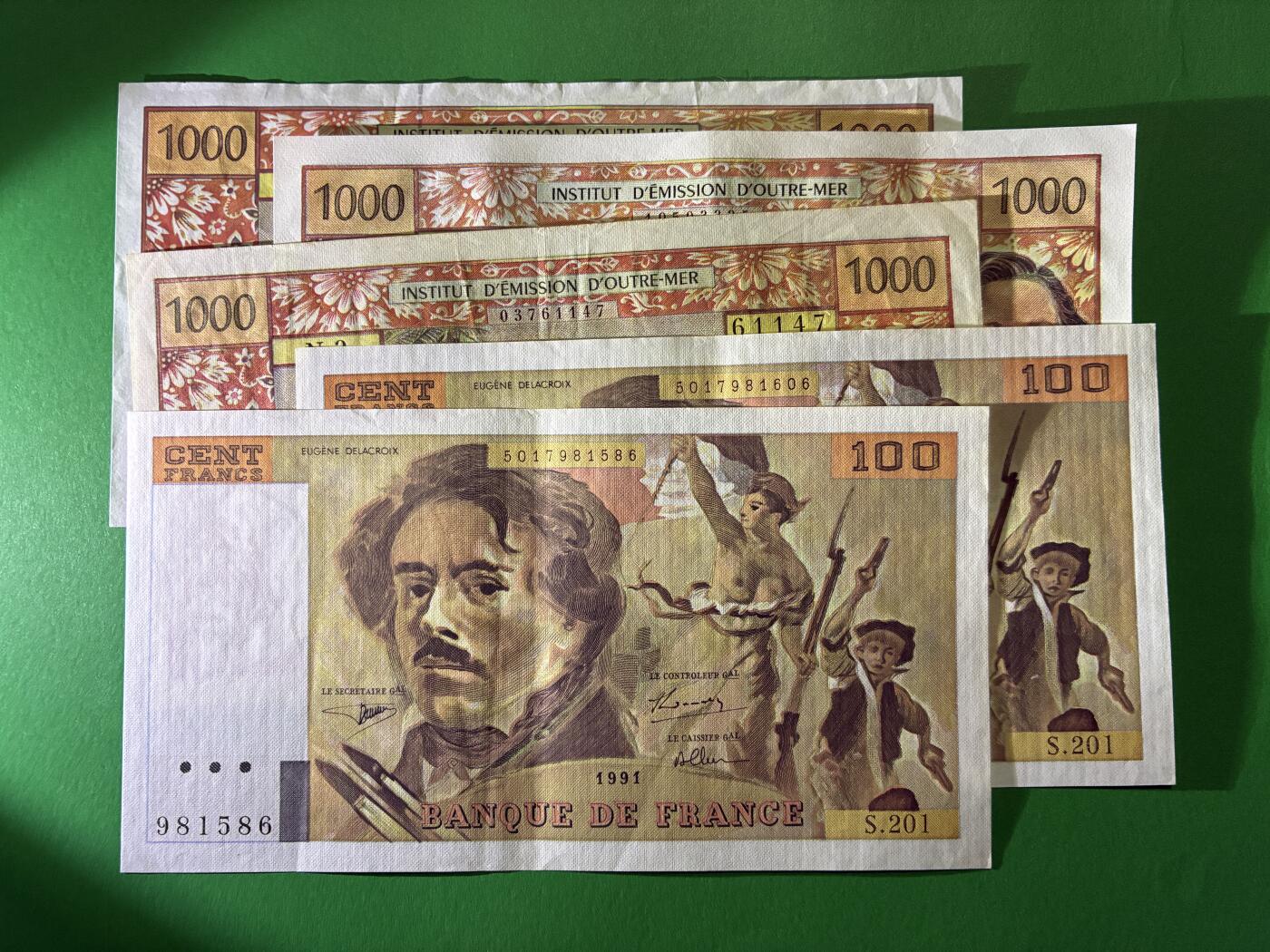 咖啡豆•收藏 2026年Mar_24th世界各国纸币拍卖 5枚 法国/法属地区 100&1000法郎 美品F-AU 外国纸币