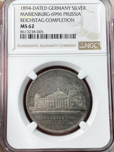 万国钱币拍卖第063期 - NGC MS62 1894年德国德意志帝国国会大厦落成纪念银章 镜面浮雕原味欧陆淡彩环绕 帝国全体邦徽环绕帝国鹰 