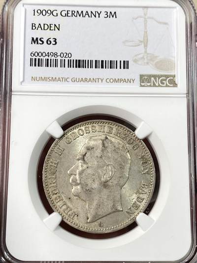 万国钱币拍卖第063期 - NGC MS63 1909德国巴登流通长翅3马克 流通品种好品难得 优雅青灰包浆车轮转光收藏级