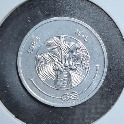 外国优质老铜币银币苏联纪念章，每周六晚九点倒数截拍，满百包邮可寄存，持续收拍 - 马尔代夫1984年1拉雷，正面椰树图案凸显热带岛国风情，双语纪年承载伊斯兰历法与公历交融，是南亚海岛国家钱币收藏的清新入门品种。