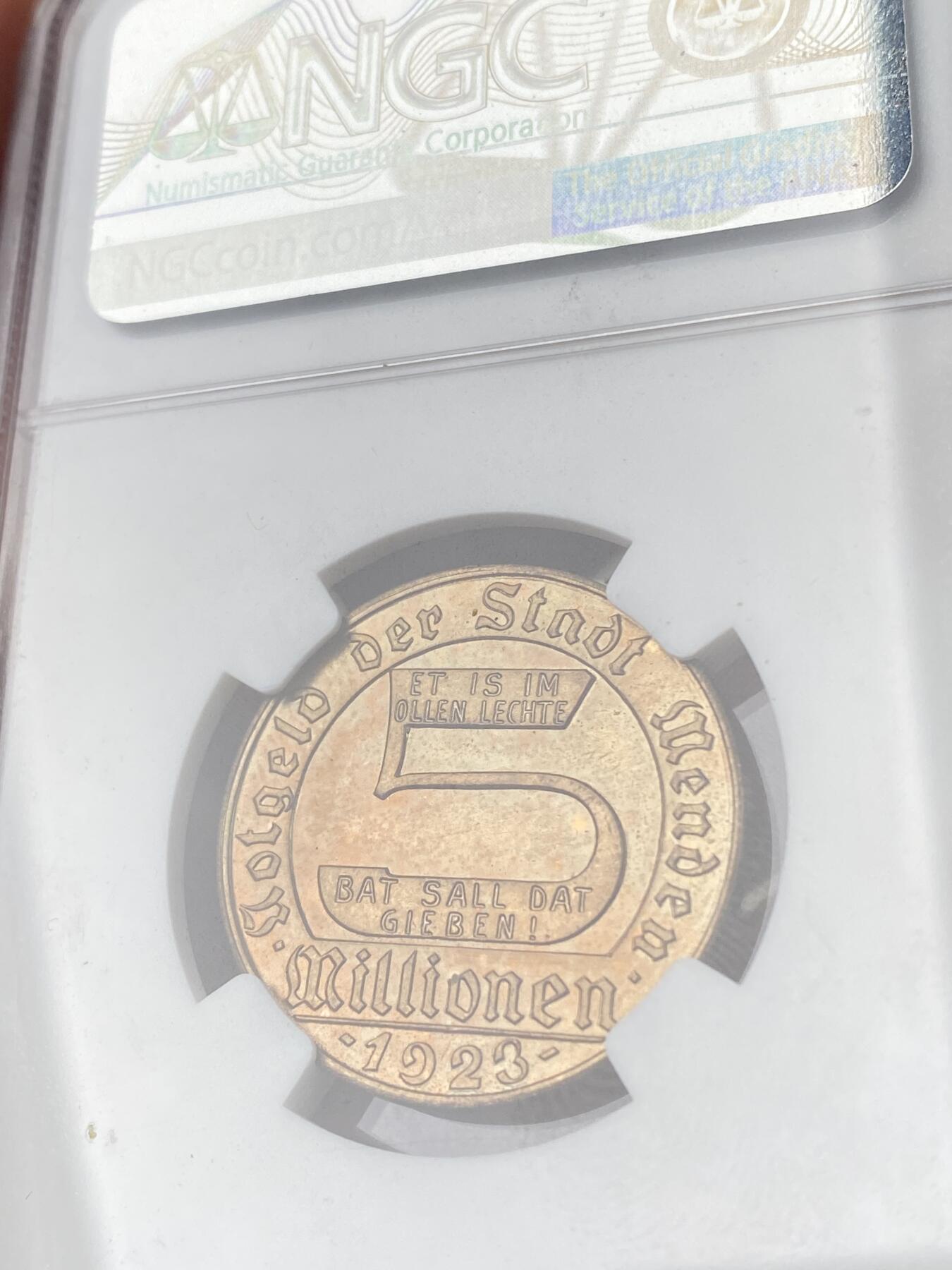 万国钱币拍卖第063期 NGC MS66 1923年德国门登紧急时期5MM铜币 一战战败后紧急时期代用币 虽然是紧急时期但工艺一点没有马虎 红铜光极美 GEM顶级品质