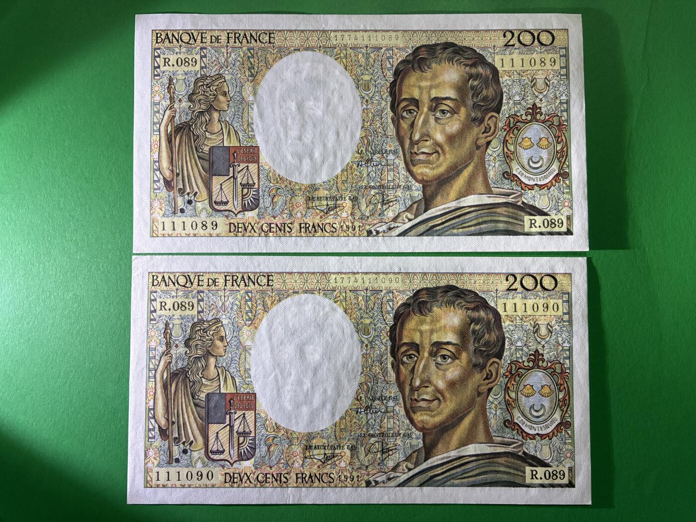 咖啡豆•收藏 2026年Mar_24th世界各国纸币拍卖 4枚 连号 法国 1991年 200法郎 全新UNC 外国 欧洲纸币