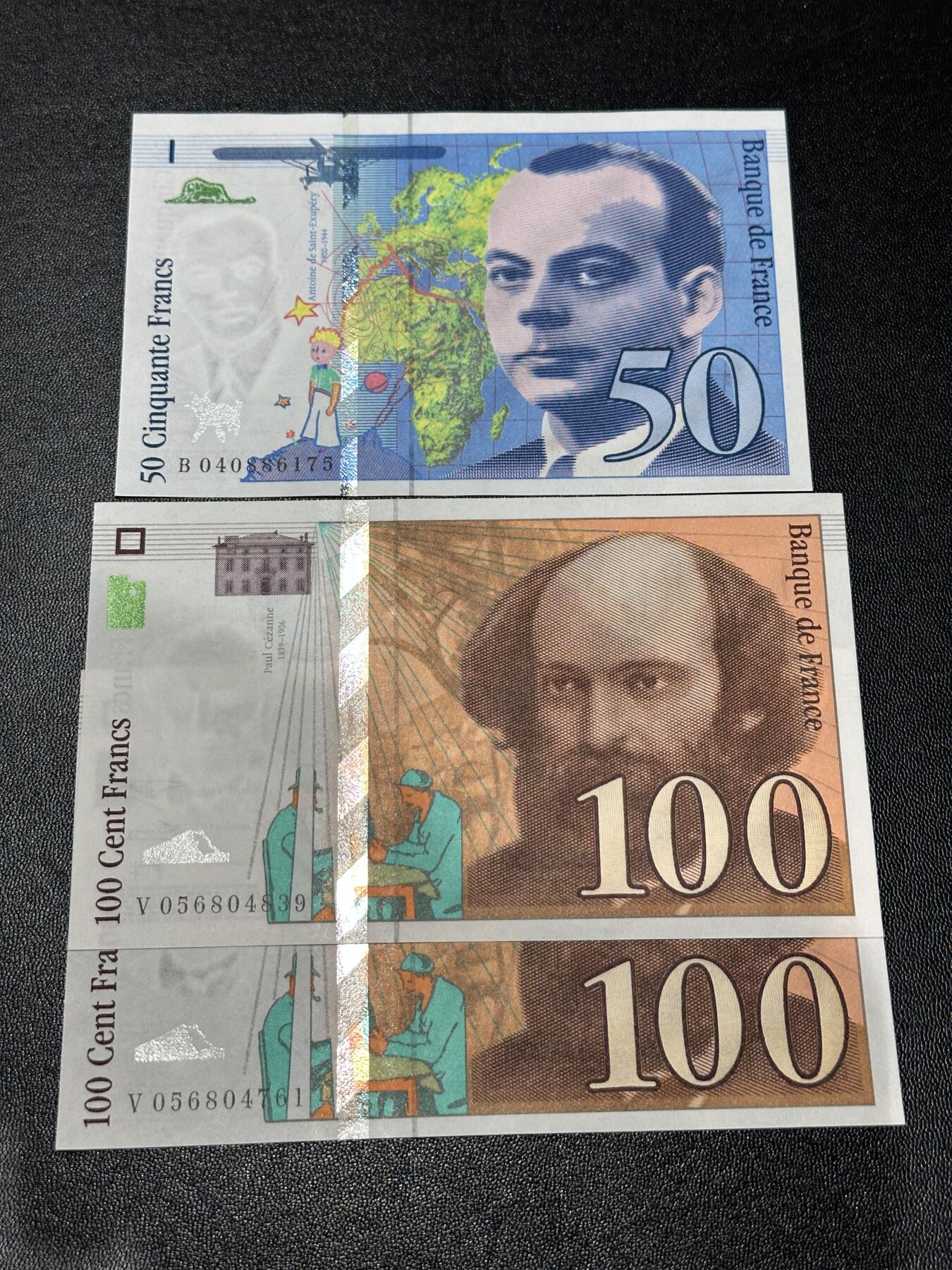 《外钞收藏家》第六百一十九期（精品场）（长期征集拍品、欢迎藏友们联系合作） 法国末版1997年50法郎1张+1998年100法郎2张 一起 全新