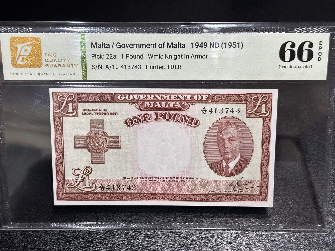 《外钞收藏家》第六百一十九期（精品场）（长期征集拍品、欢迎藏友们联系合作） 1949年马耳他1镑 乔治六世 TQG66