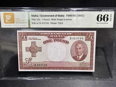 《外钞收藏家》第六百一十九期（精品场）（长期征集拍品、欢迎藏友们联系合作） - 1949年马耳他1镑 乔治六世 TQG66