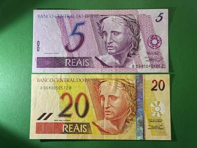 咖啡豆•收藏 2026年Mar_24th世界各国纸币拍卖 - 2枚 巴西 5&20雷亚尔 美品AU-UNC 外国 美洲纸币