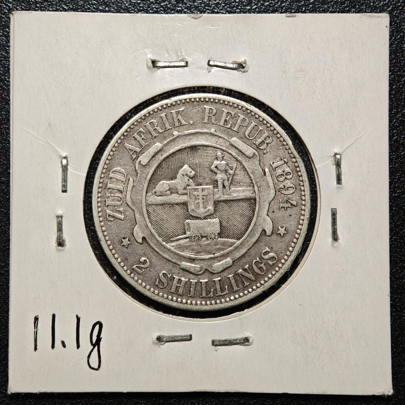 【德藏】世界币章拍卖第168期（拍品征集中~欢迎藏友联系） 老藏家集藏系列之- 1894年 南非(德兰士瓦)2先令银币 925银 直径约：28.5mm；重约：11.3g 入册20余年·附有当年购入价