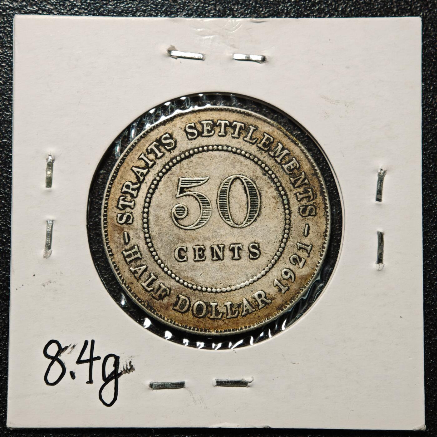 【德藏】世界币章拍卖第168期（拍品征集中~欢迎藏友联系） 老藏家集藏系列之- 1921年 英属海峡殖民地50分银币 直径约：28.4mm；重约：8.4g 入册20余年·附有当年购入价