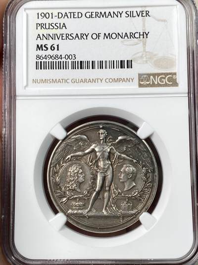 万国钱币拍卖第063期 - NGC MS61 1901年德国普鲁士建国200周年纪念银章 罕见独特设计 普鲁士开国皇帝腓特烈一世与末代皇帝威廉二世并排在大天使的照耀下 