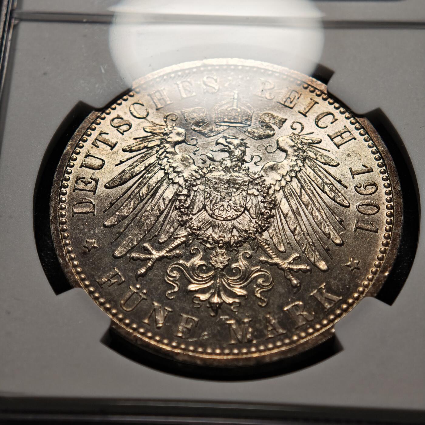 【德藏】世界币章拍卖第168期（拍品征集中~欢迎藏友联系） 1901年 德国普鲁士建国200周年5马克大银币 NGC MS64 深五彩包浆 极其漂亮