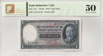 2026三月第三期，总第220期 - 海峡殖民地1935版壹圆TQG50分 乔治五世和马来虎 此品种在日本入侵马来亚后被大量掠夺和回收 留存至今则较为稀有