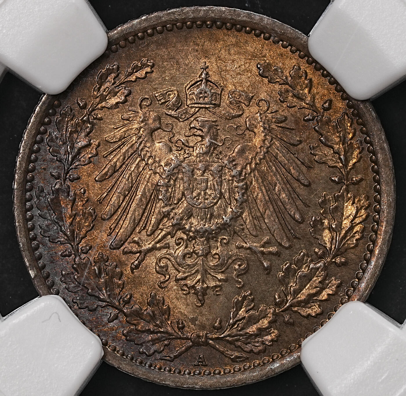 修遠堂世界钱币第108期 NGC MS64 1916年德国1/2马克银币，A厂铭，焦糖彩