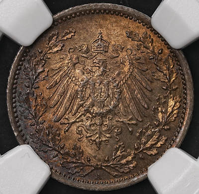修遠堂世界钱币第108期 - NGC MS64 1916年德国1/2马克银币，A厂铭，焦糖彩