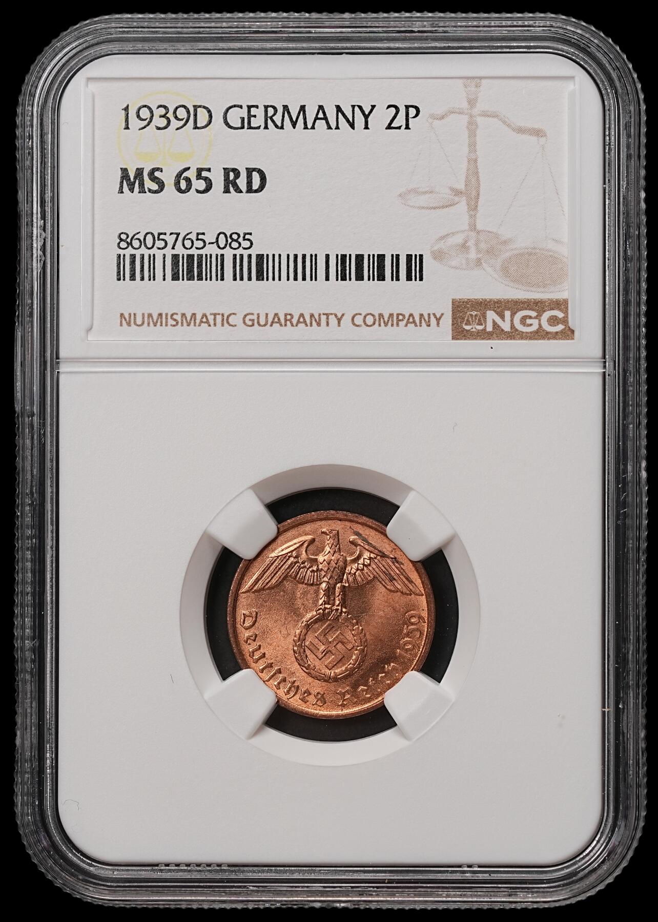修遠堂世界钱币第108期 NGC MS65RD 1939年德国2芬尼铜币 RD难得 D厂铭