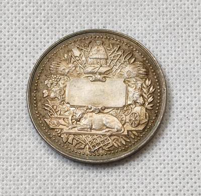 甄臻铺-世界币章拍卖（第55期），3月28日甄品场（直播拍卖）拍品征集中，送拍享返佣金等优惠多多 - 法国19世纪银质农业协会纪念章，直径37.1毫米，重20.5克，丰饶角+ARGENT边铭，正面农业主题图案，背面“SOCIETE DES AGRICULTEURS DE FRANCE”字样，包浆自然，保存完好