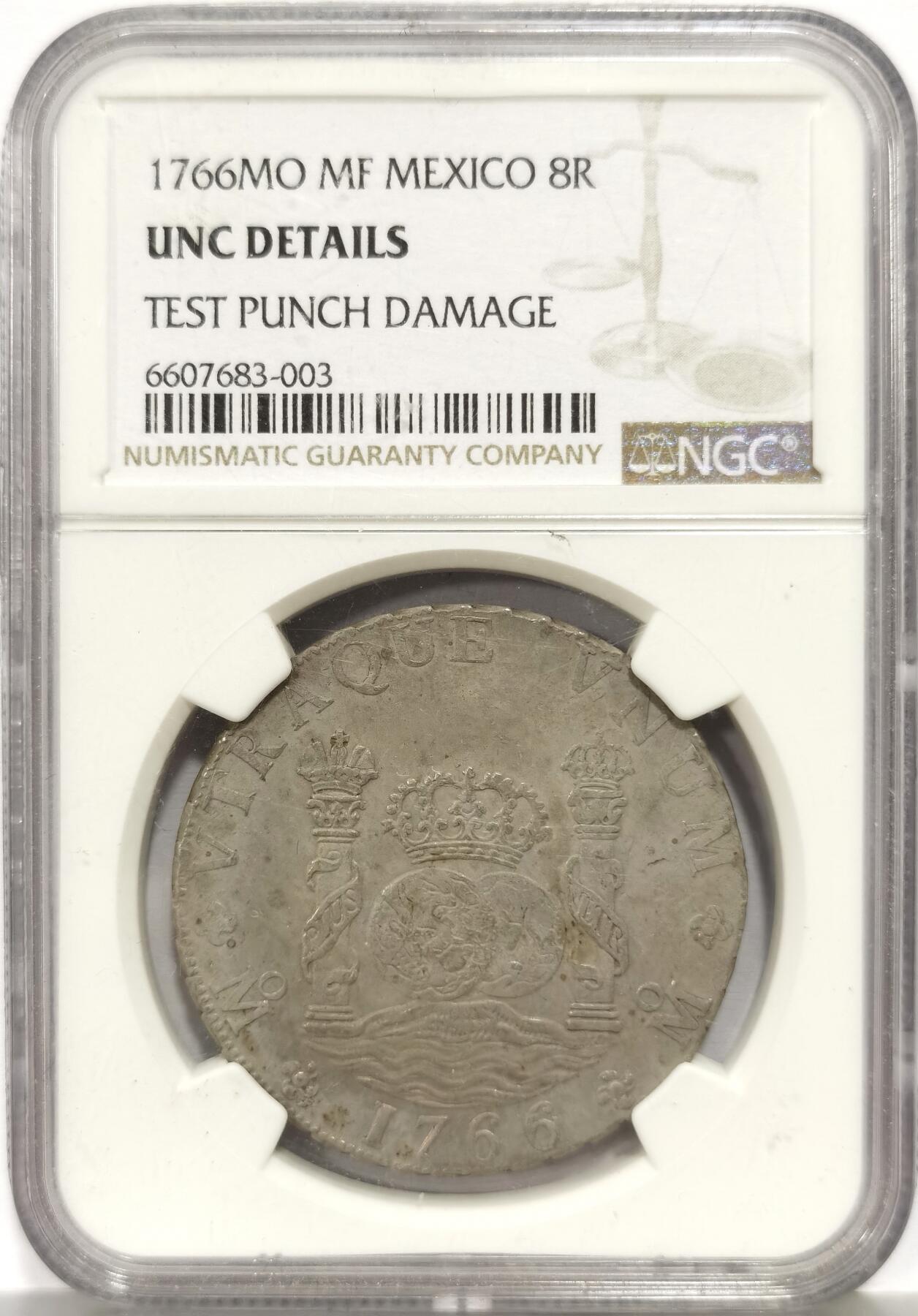 博洋堂世界钱币拍卖第165期（全场包邮） NGC UNC 西属墨西哥1766年MO MF卡洛斯三世地球双柱8R银币，双面打制佳，仅有一个很小的验银戳