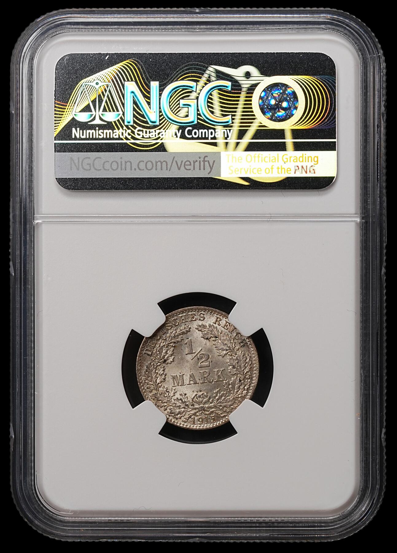 修遠堂世界钱币第108期 NGC MS66 1915年德国1/2马克银币，D厂铭